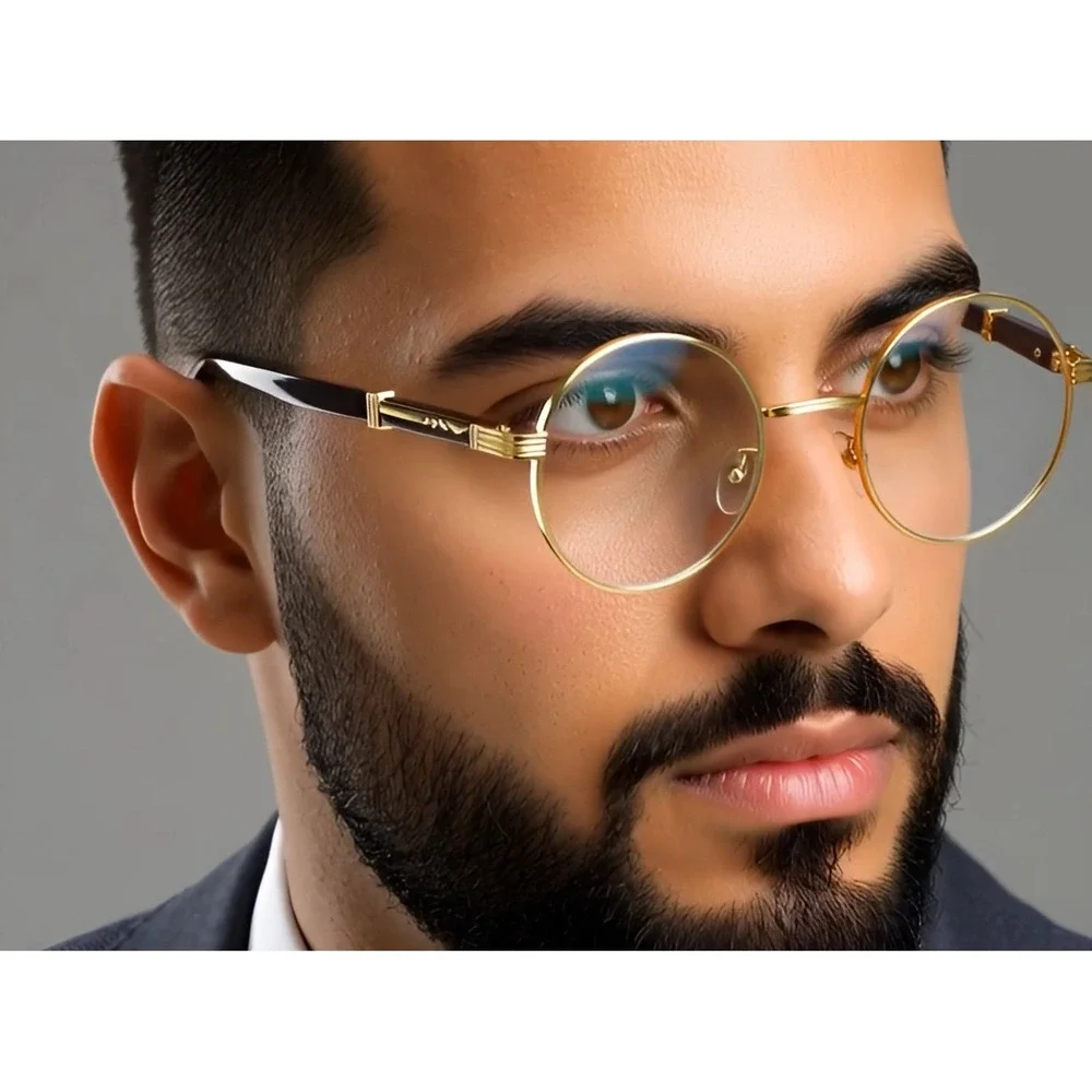 Round Clear Lens Gold Glasses Wood Buffs Stylish Fashion Eyeglasses UV400 Street